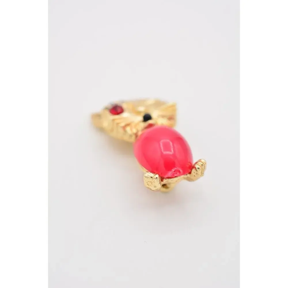 Vintage Winking Cat Pin Brooch Kissy Face Cabochon Crystal Gold 1980s BinATa